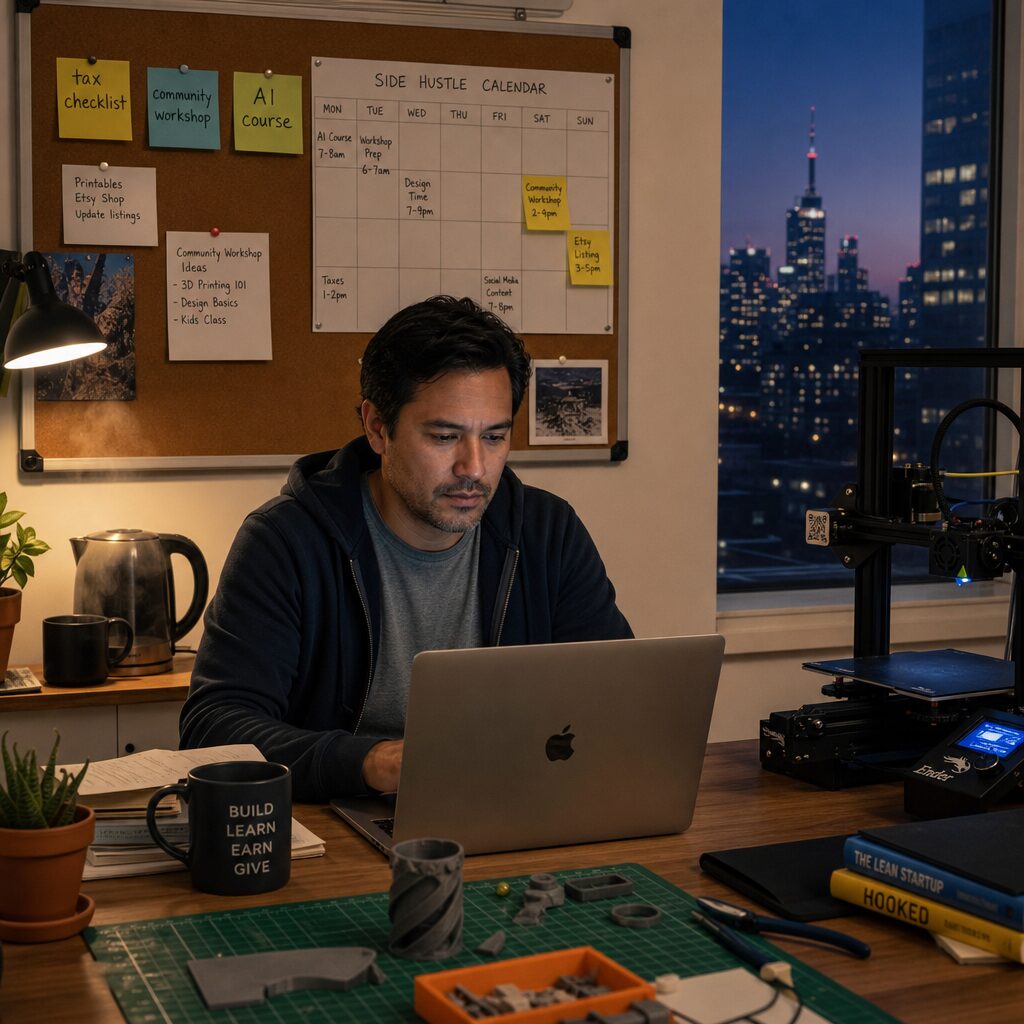 A realistic domestic study scene at dusk: a person in their late 30s sits at a tidy desk with a laptop open, half-assembled craft materials to one side and a small 3D printer quietly running on the other. A corkboard on the wall shows a mix of sticky notes — ‘tax checklist’, ‘community workshop’, ‘AI course’ — and a calendar with side-hustle slots. A kettle steams softly in the background; through the window, city skyline lights glimmer. The mood is industrious but calm, hinting at purposeful, low-friction work that intersects digital, creative and community income streams.