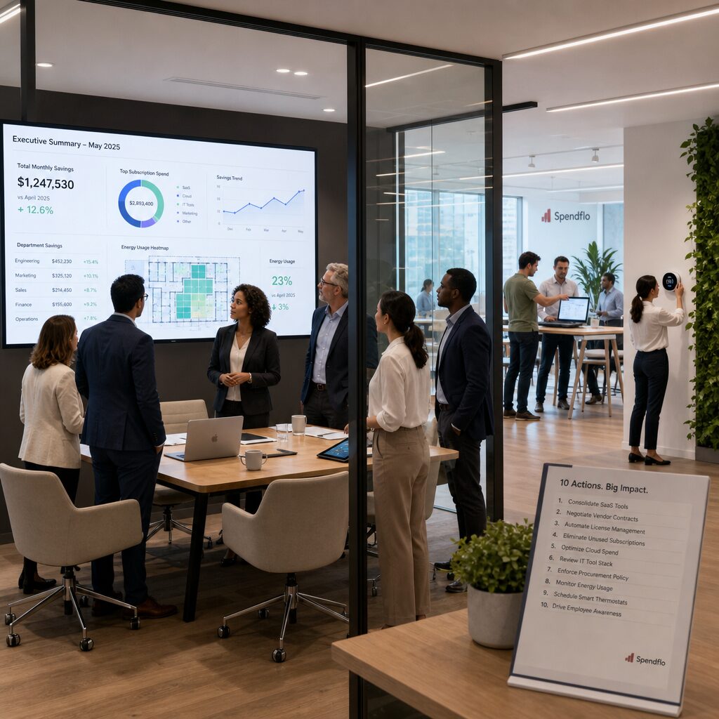 A realistic corporate scene: a modern open-plan office with a glass-walled boardroom in the foreground. Inside the boardroom, six executives—diverse in age and ethnicity—stand around a table reviewing a large digital dashboard projected on the wall that displays monthly saving metrics, subscription spend graphs and energy usage heatmaps. On a side table, printed cards list ten actionable items. Outside the boardroom, teams collaborate at standing desks, one employee pointing to a laptop screen showing a procurement platform, another adjusting a smart thermostat. Natural light, potted plants and subtle branding create an atmosphere of purposeful efficiency and calm focus.