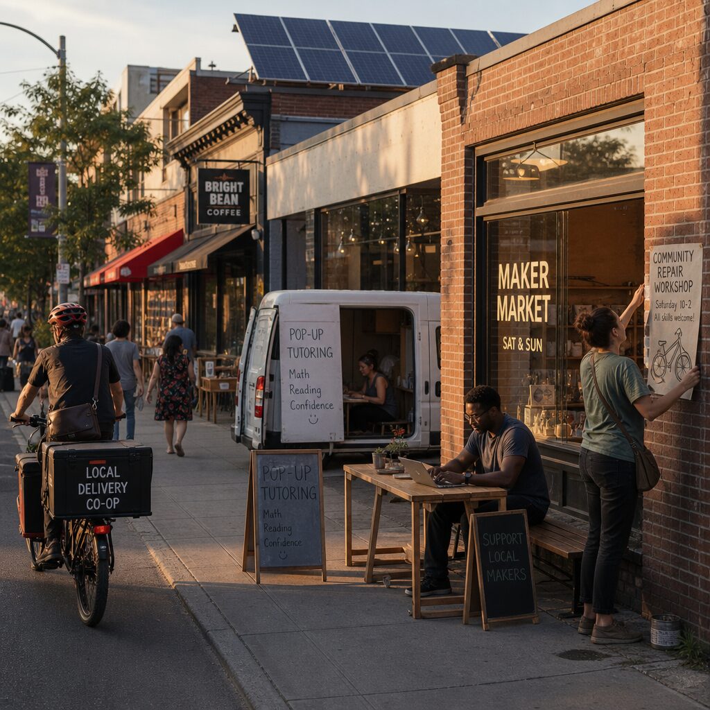A wide-angle photo of a mixed-use high street at golden hour: a cargo-bike courier weaving past a pop-up tutoring van, a window café hosting a weekend maker market, solar panels glinting on a low-rise rooftop, and a person setting up a laptop at a communal bench while another pins up a poster for a community repair workshop. The scene conveys movement, micro-enterprises interlocking with everyday life, warm light and diverse participants — a visual metaphor for side hustles as civic infrastructure.