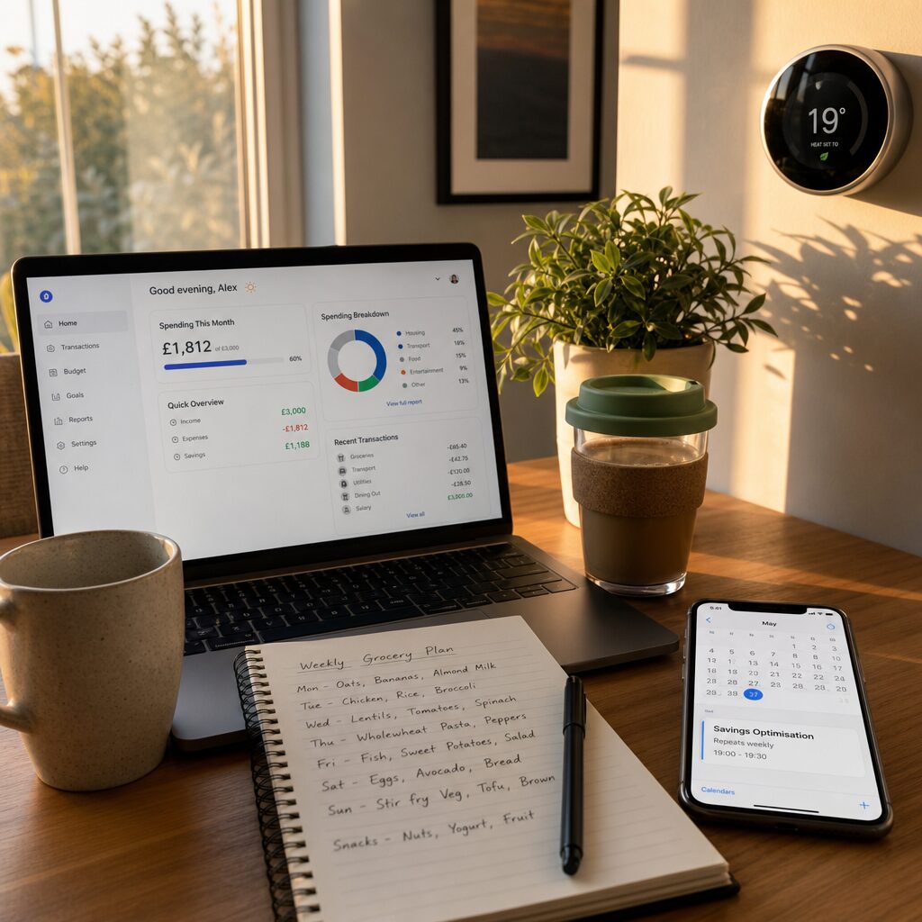 A bright, realistic photograph of a tidy home office at golden hour: a laptop displaying a budgeting dashboard beside a mug, a smartphone showing a calendar with a recurring 'Savings Optimisation' event, a notepad with a weekly grocery plan and a pen, and a smart thermostat on the wall in the background. Sunlight slants across a small indoor plant and a reusable coffee cup, suggesting sustainable choices. The scene conveys calm, efficient routines and technology working quietly to support practical money decisions.