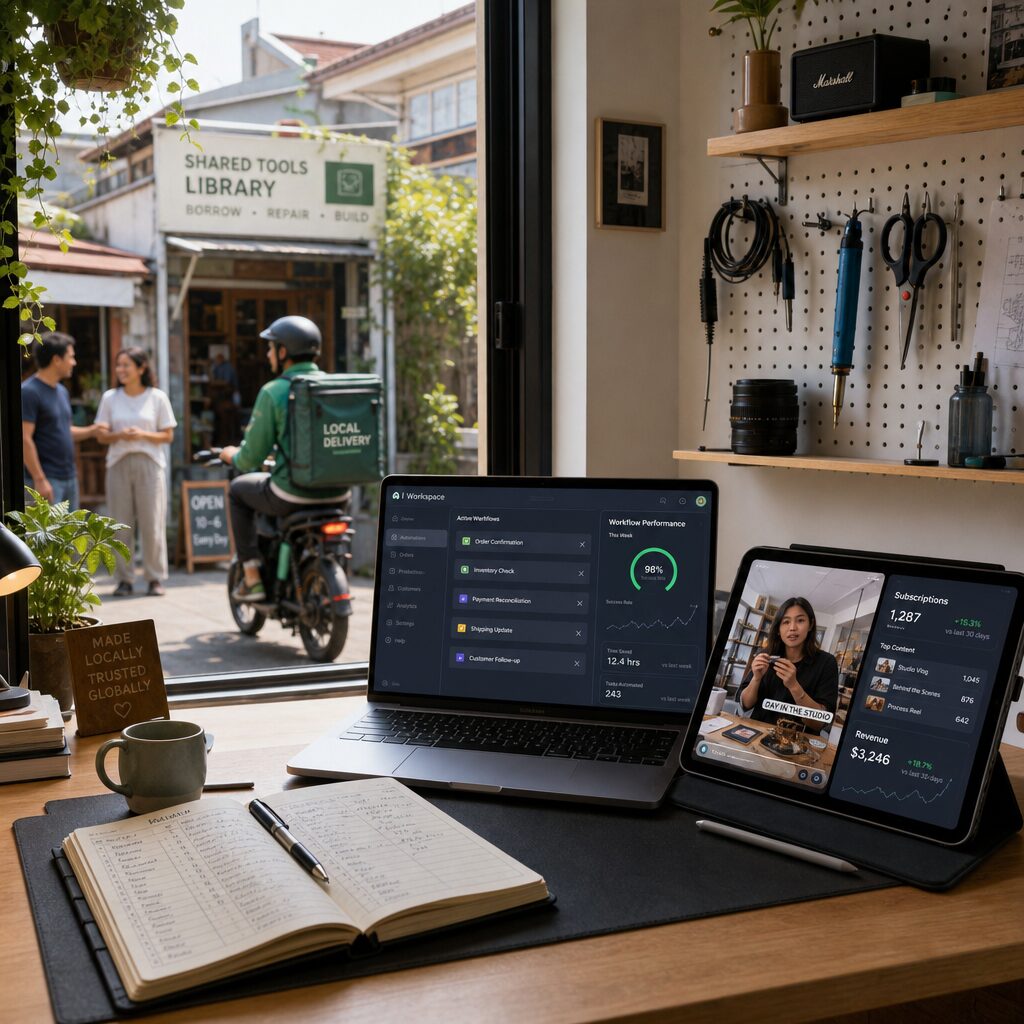 A hyper-realistic scene of a modern micro-entrepreneur’s workspace: a compact studio apartment with a sunlit desk. On the desk lies a slim laptop showing an AI-assisted dashboard with automated workflows, next to a tablet displaying short-form video content and a subscription analytics panel. A pegboard on the wall holds curated physical tools — camera lens, sewing shears, a soldering iron — signaling blended digital‑physical work. A small plant and a handwritten ledger convey trust and locality. Through the window, neighbours chat near a shared tool library signage, and a courier on an e-bike departs, illustrating the local delivery economy.