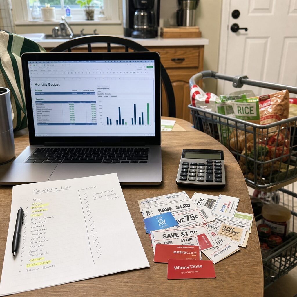 A realistic, candid photo of a kitchen table at mid-morning: a laptop open to a budgeting spreadsheet, a printed shopping list with highlighted items, an assortment of coupons and loyalty cards fanned out, and a calculator beside a half-filled grocery trolley. Sunlight from a window casts soft shadows; a reusable tote bag peeks at the edge, hinting at planned shopping. The scene conveys deliberate, slightly cluttered planning rather than chaotic spending — a shopper mid-course correction.