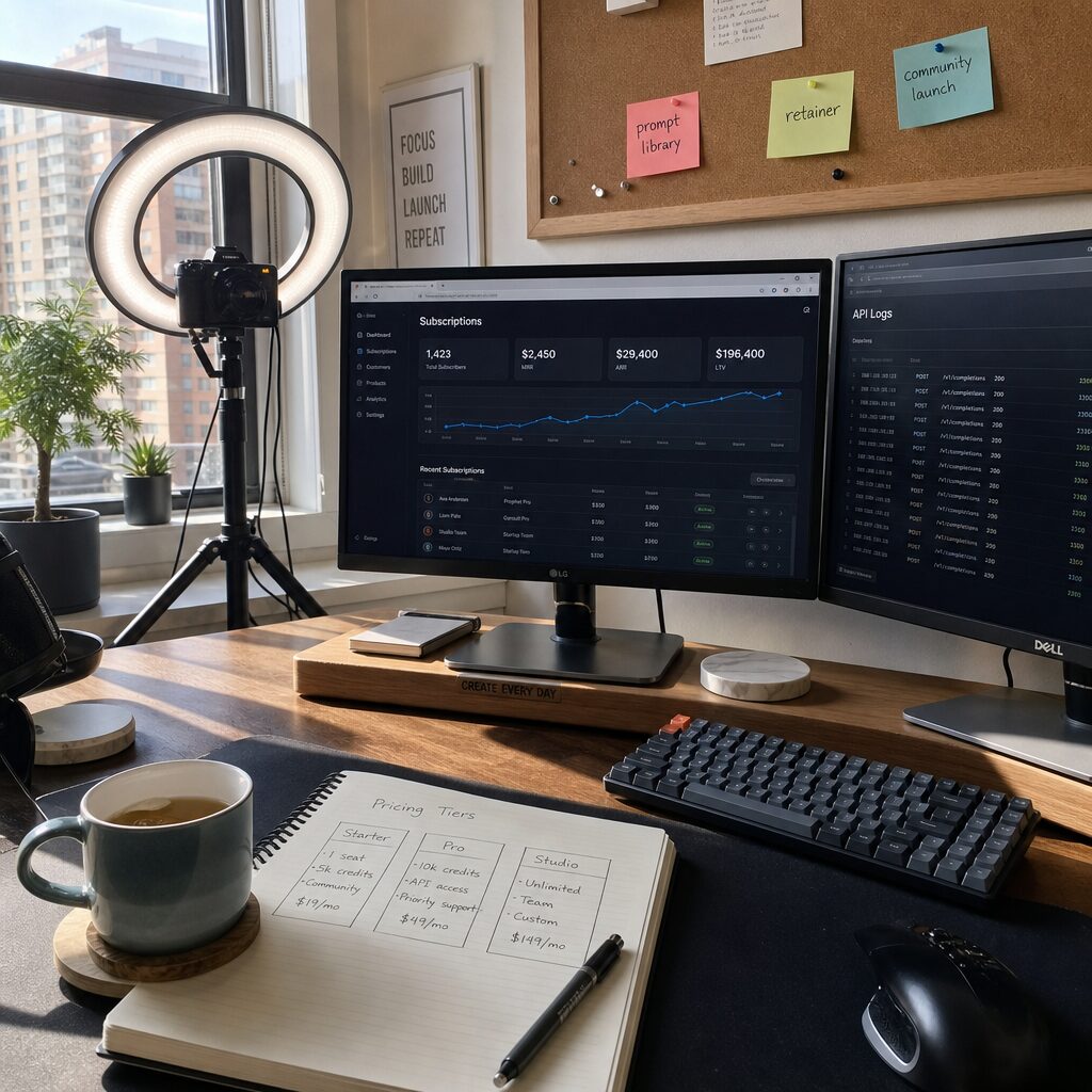 A crisp, realistic scene of a modern micro-entrepreneur's workspace: a compact home desk with two monitors showing a dashboard of subscriptions and API logs, an open notebook with pricing tiers sketched, a small ring light and camera for creator content, and a cup of tea. In the background a corkboard displays sticky notes labelled 'prompt library', 'retainer', and 'community launch'. Morning light falls through a window, hinting at urban flats beyond—conveying a blend of domestic calm and high-tech hustle.