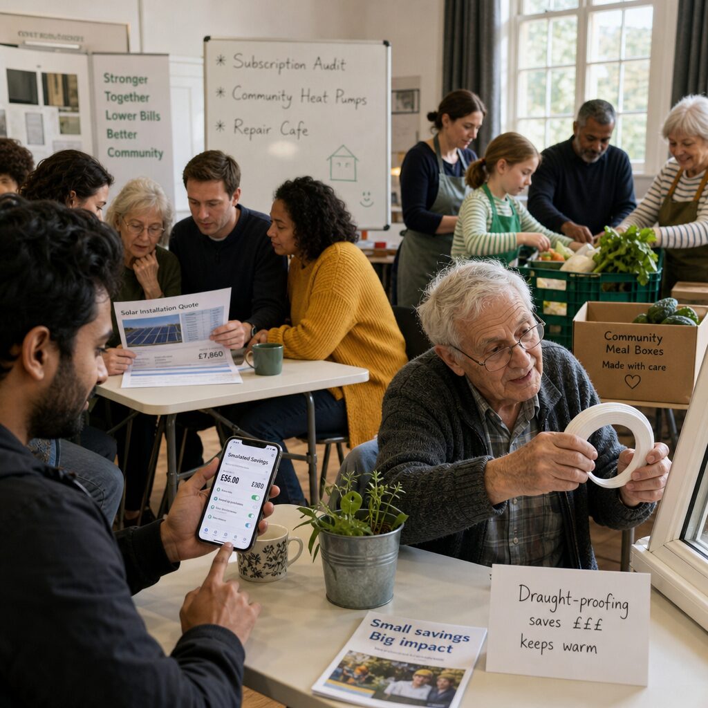 A warm, realistic photograph of a mixed-age community meeting in a bright town hall. On one table, neighbours examine a solar-installation quote together; on another, volunteers package surplus vegetables into meal boxes. A whiteboard lists ‘Subscription Audit’, ‘Community Heat Pumps’ and ‘Repair Cafe’ in hand-written marker. In the foreground, a young gig-worker uses a smartphone app to set up automated savings while an elderly resident demonstrates draught-proofing tape for a window. The scene conveys intergenerational collaboration, practical action and the transformation of everyday thrift into collective solutions.