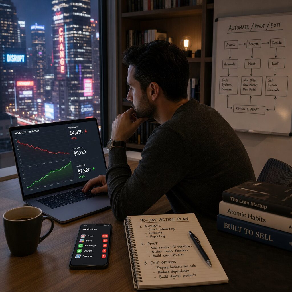 A realistic, high-resolution photo of a mid-30s freelance worker at a tidy home desk at dusk. On the desk: a laptop displaying declining and rising revenue charts, a smartphone with notification badges, a coffee mug half-full, and a notepad with a handwritten 90-day action plan. In the background, a bookshelf with small business books and a whiteboard showing a flowchart labelled 'Automate / Pivot / Exit'. Through the window, a neon-lit city skyline suggests rapid change. The mood balances urgency and calm, emphasising strategic decision-making rather than panic.