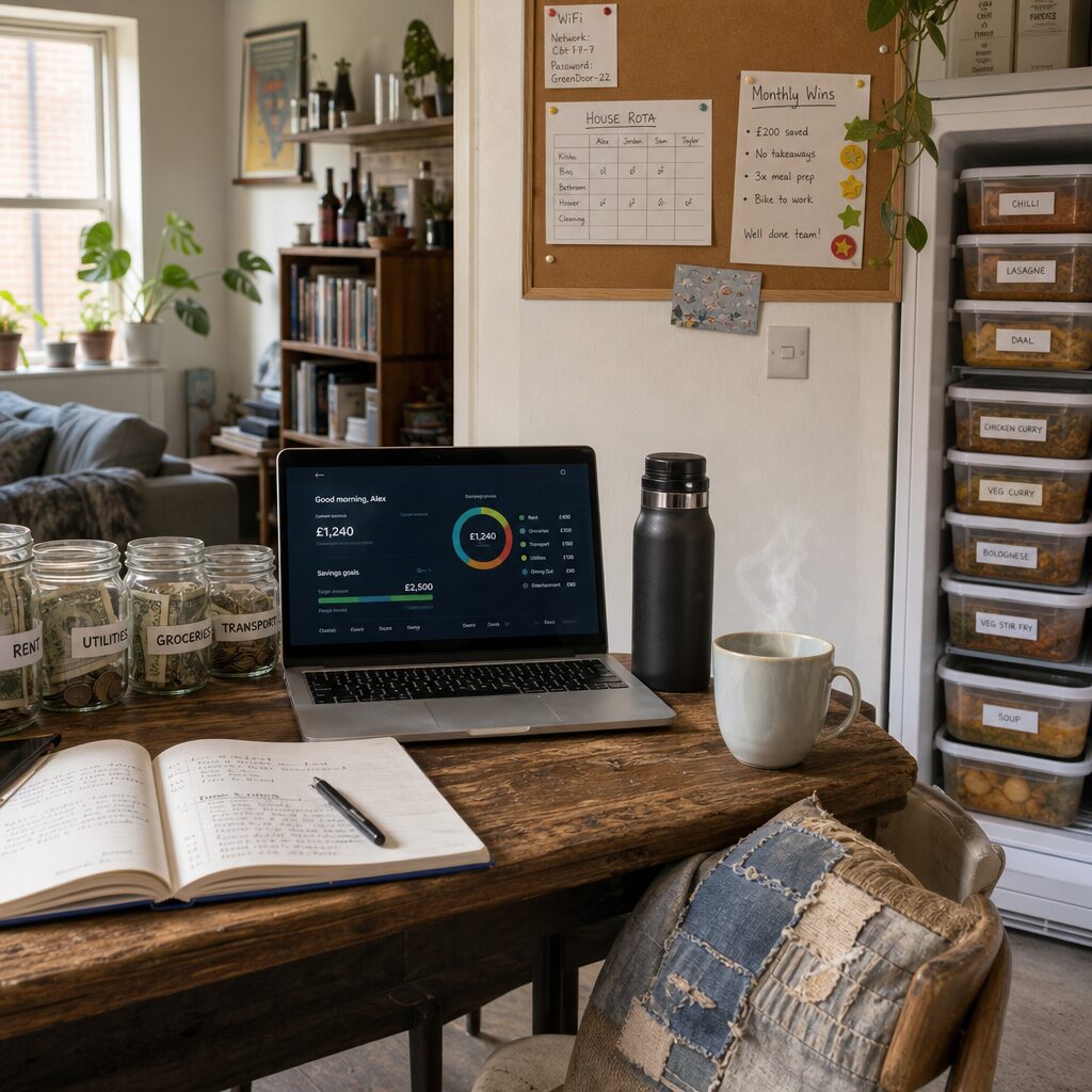 A realistic, sunlit interior of a city apartment shared by friends: a well-worn wooden table with labelled jars for monthly budgets, a laptop displaying a savings-app dashboard, a reusable coffee flask beside a steaming mug, and a communal freezer door open to reveal neatly stacked batch-cooked meals. In the background, a noticeboard holds a rota for shared chores and a printed list titled 'Monthly Wins' with stickers attached. The aesthetic blends lived-in comfort, visible repair (patched denim on a chair cushion), and practical organisation, capturing the intersection of thrift, design and community.