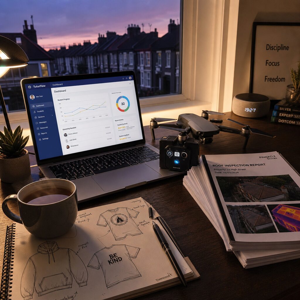 A vivid, realistic photograph of a small, well-lit home office at dusk: a laptop displaying a tutoring dashboard with student progress graphs sits beside a thermal drone sensor and a stack of printed roof inspection reports. A cup of tea steams beside a sketchbook with hand-drawn apparel designs and a smart speaker humming softly in the background. Through the window, the silhouette of a terraced street under a purple sky suggests UK urban life; the scene captures the hybrid, human-and-tech nature of modern side hustles.