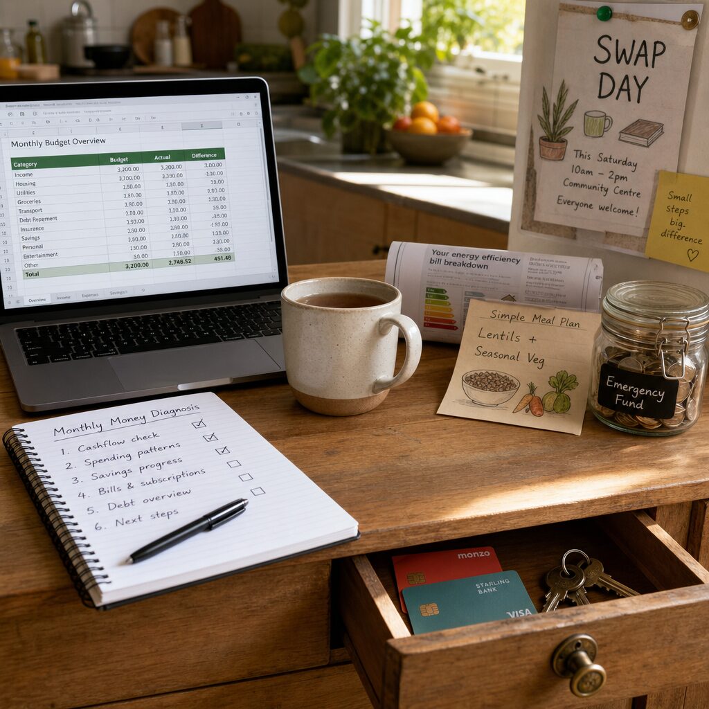 A warm, realistic scene of a small urban kitchen table at midday: an open laptop with a spreadsheet visible, a notepad with a checklist titled 'Monthly Money Diagnosis', a mug of tea, and a pile of items representing the expert lenses — a rolled-up energy-efficiency bill, a simple meal plan card with lentils and seasonal veg sketched on it, a tiny jar labelled 'Emergency Fund', and a community notice with 'Swap Day' pinned beside it. Sunlight falls across the table highlighting two bank cards tucked into a locked drawer slightly ajar and a set of keys, suggesting practical action and organisation.