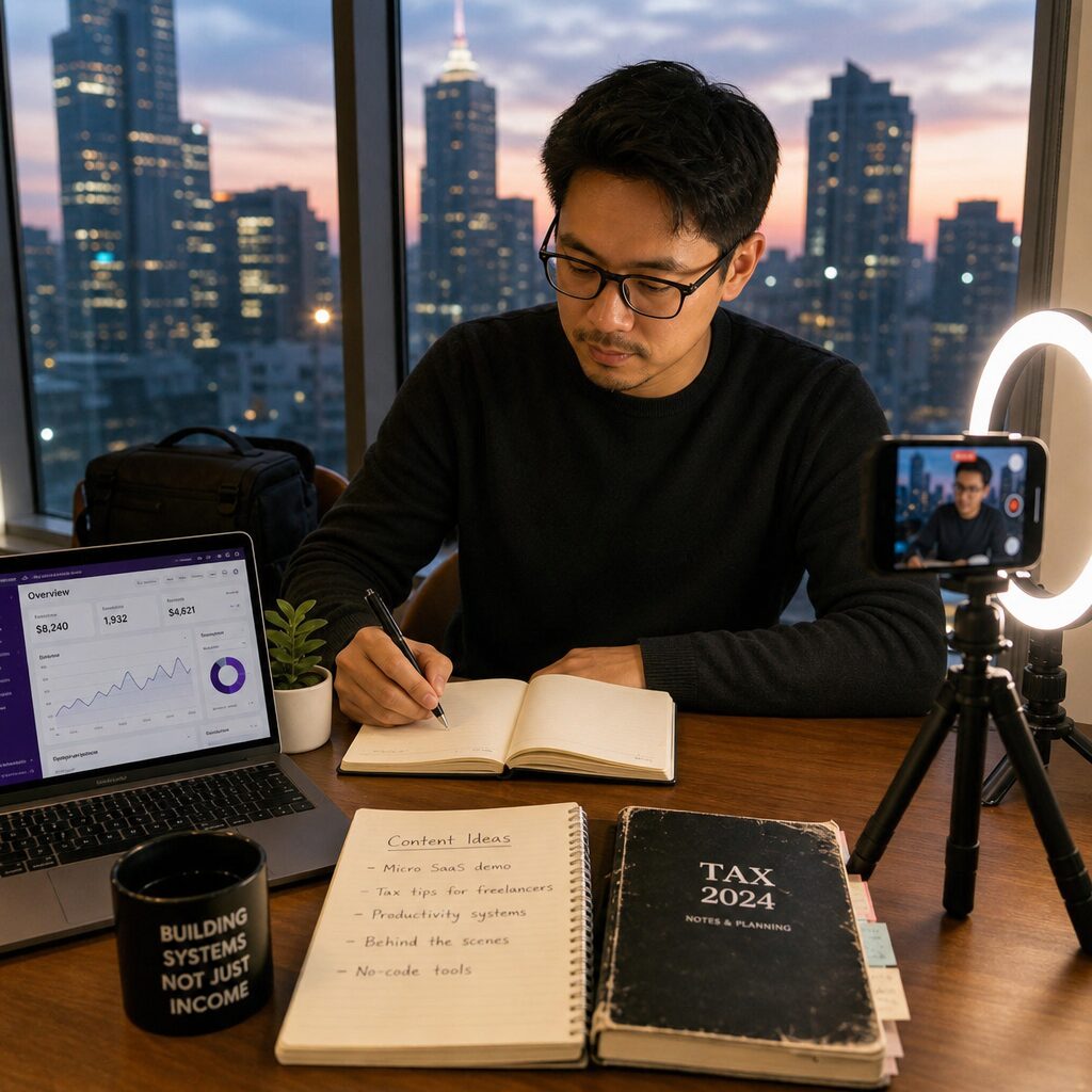 A high-resolution, candid scene showing a multi-hyphenate urban worker at dusk: a neat laptop with tabs open for a micro-SaaS dashboard, a ring-light and smartphone on a tripod for short-form video, a camera bag on the chair, paper notes with bullet points and a well-thumbed tax notebook. Through a window behind them, a city skyline glows, suggesting opportunity; on the table, a coffee mug and a small plant convey domestic hustle. The overall mood is purposeful and modern, emphasising skill-crosspollination, networks and quiet confidence rather than frantic hustle.