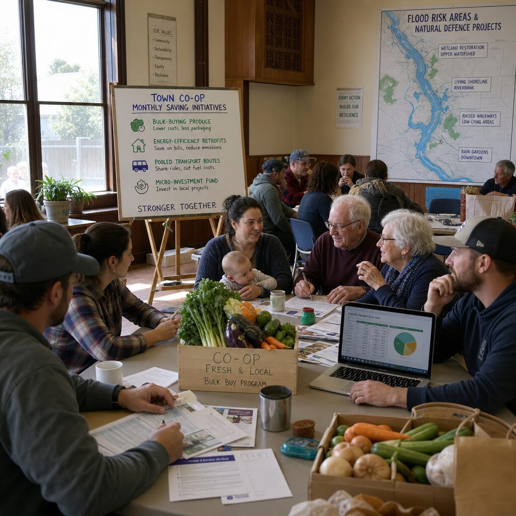 A wide-angle, realistic photograph of a community hall in soft afternoon light. At the front, a display board lists a town co-op’s monthly saving initiatives: bulk-buying produce, energy-efficiency retrofits, pooled transport routes and a micro-investment fund. Around several large tables sit a diverse group of residents — young parents, an elderly couple, a tradesperson and a small-business owner — engaged in conversation and paperwork. Boxes of fresh vegetables and a laptop showing a budget spreadsheet are visible. In the background, a wall poster shows a map of flood-risk areas with labelled natural-defence projects. The scene conveys pragmatic collaboration, neighbourhood resilience and everyday thrift turned civic practice.
