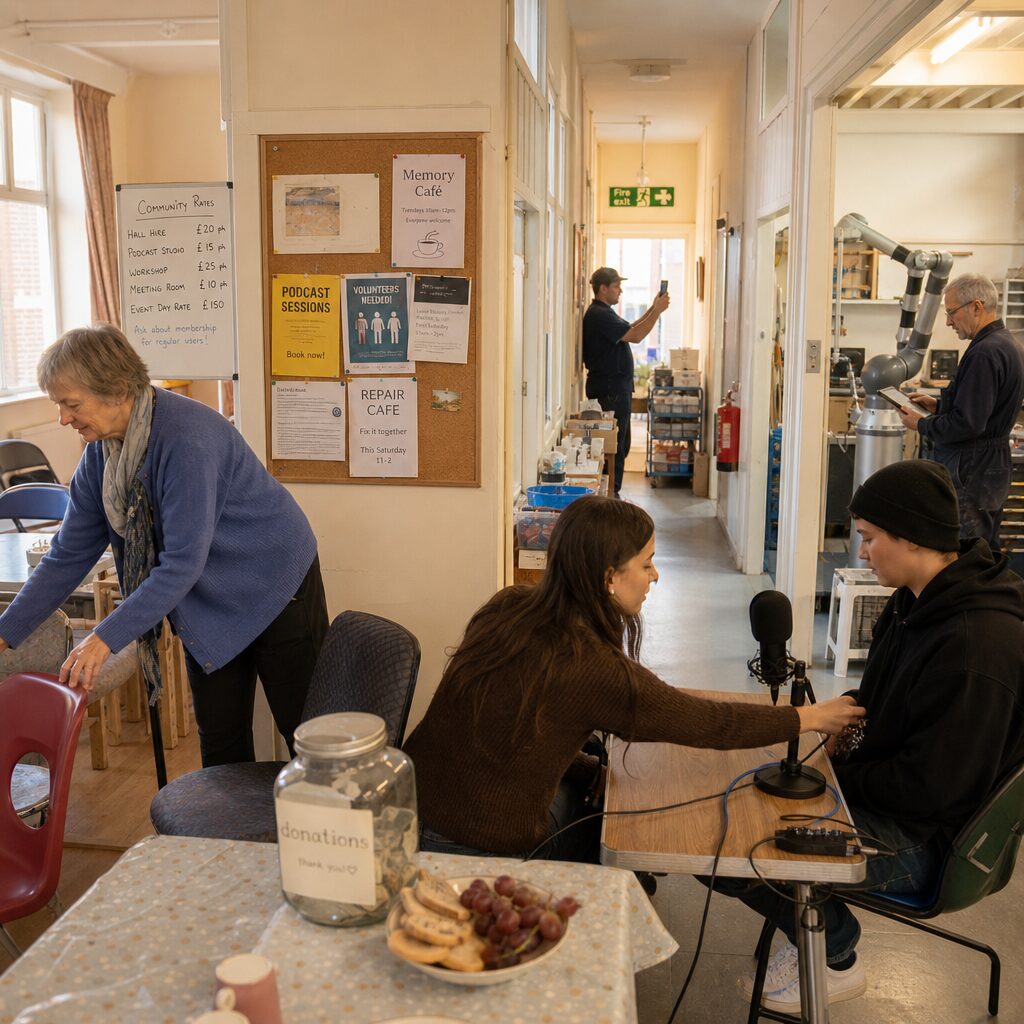 A realistic, candid street‑level photograph capturing a late‑afternoon community hall with warm light spilling through tall windows. In the foreground, a retired teacher arranges mismatched chairs for a memory‑café while two younger volunteers set up a small podcasting microphone on a folding table. Down the corridor, a caretaker films a short, handheld video on a smartphone amid medical supplies; a machinist consults a tablet beside a compact collaborative robot. The image conveys intergenerational collaboration, modest interiors, and a sense of quiet industry — paper flyers on a noticeboard, a whiteboard with rates and schedules, and a jar labelled ‘donations’ on the refreshment table — emphasising human connection and grassroots entrepreneurship.
