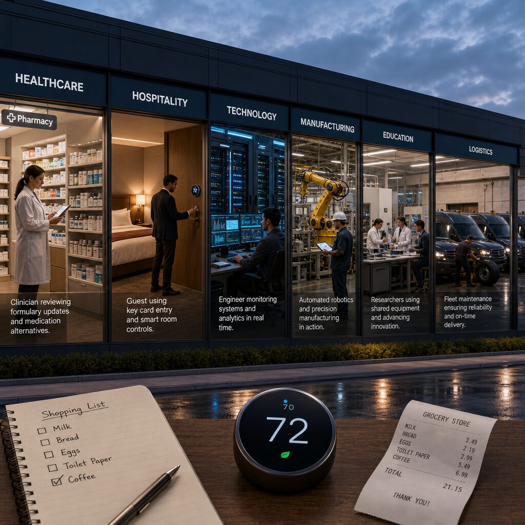 A panoramic, realistic scene: a long glass‑fronted building at dusk representing multiple industries under one roof. Through segmented windows you see different vignettes — a hospital pharmacy with labelled shelves, a hotel room with a smart thermostat, a data centre with blinking racks, a factory floor with a robotic arm, a university lab with shared equipment, and a delivery fleet outside undergoing maintenance. Warm interior lighting contrasts with cool evening sky; employees in each vignette are actively engaged — a clinician checking a formulary tablet, a guest using a key card, an engineer viewing analytics, a procurement manager negotiating on a laptop. Foreground shows subtle household items (a shopping list, a thermostat, a receipt) blending the domestic origin of the ideas with their industrial scale.