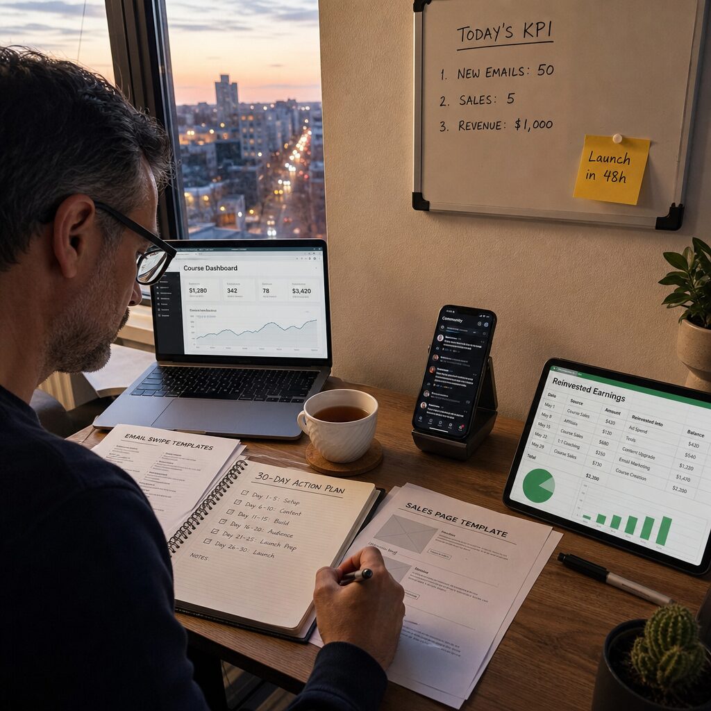 A high-resolution, candid workspace scene at dusk: a seasoned freelancer at a compact desk strewn with a laptop displaying a 'Course Dashboard', printed templates, a notebook with a 30‑day action plan, and a cup of tea. A small whiteboard on the wall lists three KPIs and a sticky note labelled 'Launch in 48h'. Natural window light falls across a phone showing a live chat from a community forum and a financial spreadsheet summarising reinvested earnings—conveying focus, systems and the transformation of a purchased product into real income.