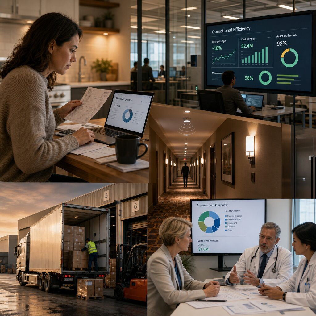 A realistic editorial image showing a montage across industries: a person at a kitchen table reviewing bills on a laptop; a data dashboard on a large screen in a glass-walled tech office; a hotel corridor with motion-sensor lighting; a delivery truck being loaded in a logistics yard; and a hospital procurement team discussing charts. The palette is neutral with warm highlights, conveying practical efficiency. Elements are blended smoothly to suggest continuity between personal saving behaviours and industrial-scale applications.