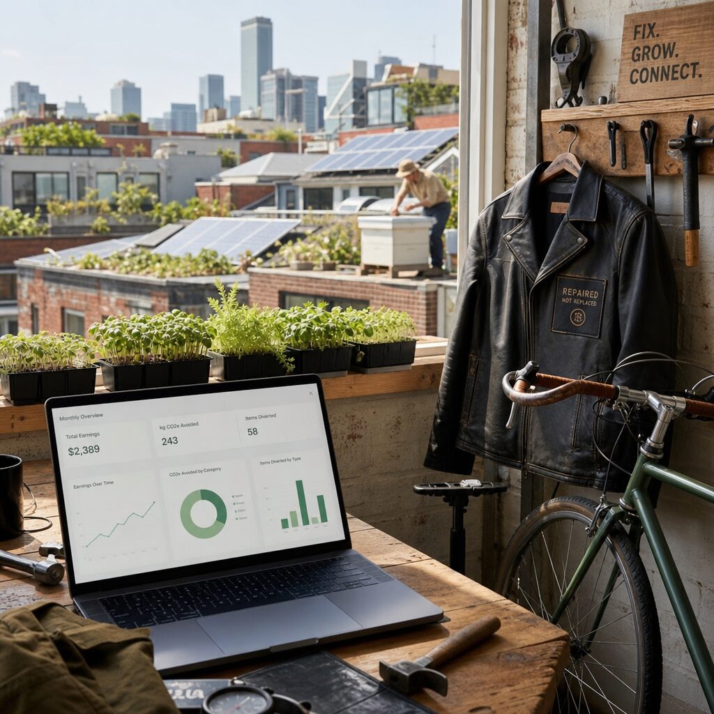 A high-resolution photo of a light-filled urban workshop: a wooden workbench strewn with tools, a refurbished leather jacket hanging on a peg, a row of potted micro-greens on a windowsill, and a bicycle with freshly repaired tyres leaning against a wall. In the foreground, a laptop displays a simple dashboard showing monthly earnings and environmental metrics (kg CO2e avoided, items diverted). Outside the window, city rooftops with solar panels and a neighbour tending a rooftop beehive hint at a connected local ecosystem of sustainable micro-businesses.