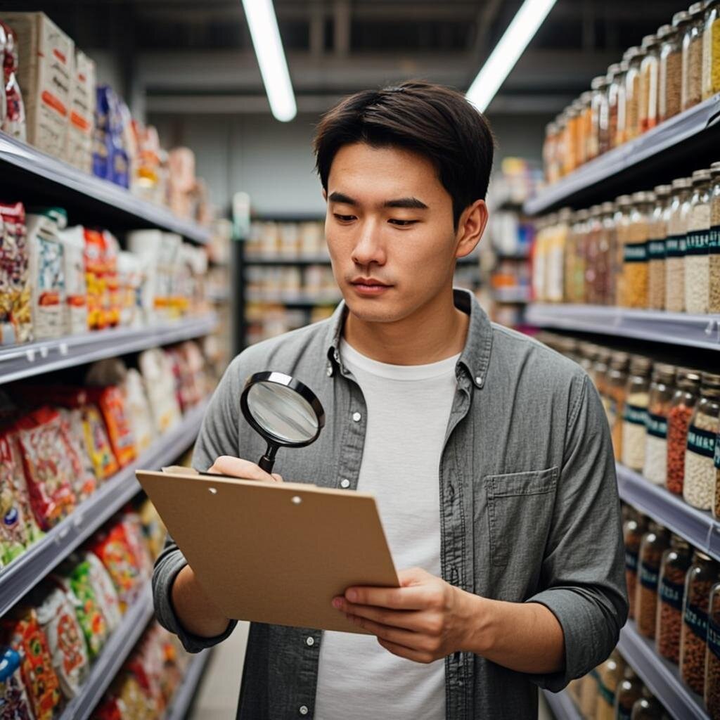 A modern, well-lit supermarket aisle where the shelves are stocked not with groceries, but with labelled jars and boxes representing different money-saving strategies. Each item has a price tag showing not pounds, but hours of effort and lifestyle adjustment. A thoughtful shopper in smart casual attire holds a clipboard, comparing two options with a magnifying glass. Warm overhead lighting creates a professional yet approachable atmosphere, with soft focus on background shelves.