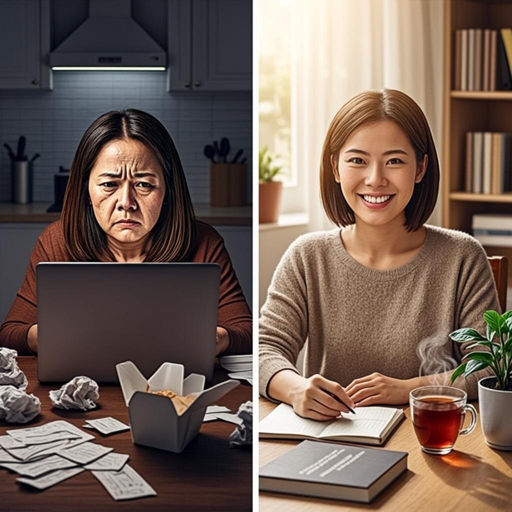 A split-screen visual showing two contrasting scenes. On the left, a person sits hunched over a kitchen table at night, illuminated only by a laptop screen showing multiple browser tabs and banking apps, surrounded by crumpled receipts and takeaway containers, their face showing visible stress and fatigue. On the right, the same person is shown in bright morning light, sitting calmly at a clean desk with a simple budget planner, a cup of tea, and a small plant, looking relaxed and in control. Between the two images, a subtle gradient transitions from cool blue tones to warm golden light, symbolising the transformation from financial chaos to clarity. The overall composition suggests that saving money isn't just about numbers in a bank account—it's about reclaiming your peace of mind, your sleep, and your sense of agency.
