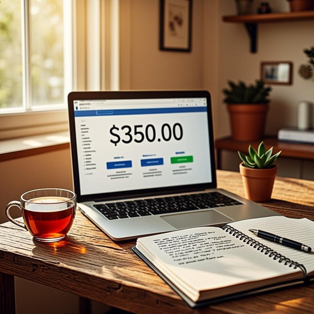 A warm, inviting workspace photographed during golden hour. A wooden desk sits beside a window with soft natural light streaming in, illuminating a laptop displaying a simple website dashboard showing modest but growing income figures. A cup of tea sits half-finished next to a notebook with handwritten goals and a small potted succulent. The scene feels achievable and human—not the polished, unrealistic 'hustle culture' aesthetic, but rather the quiet determination of someone building something meaningful in their spare hours. The background shows a blurred living space, emphasising that this is a real person's side project, not a corporate operation.