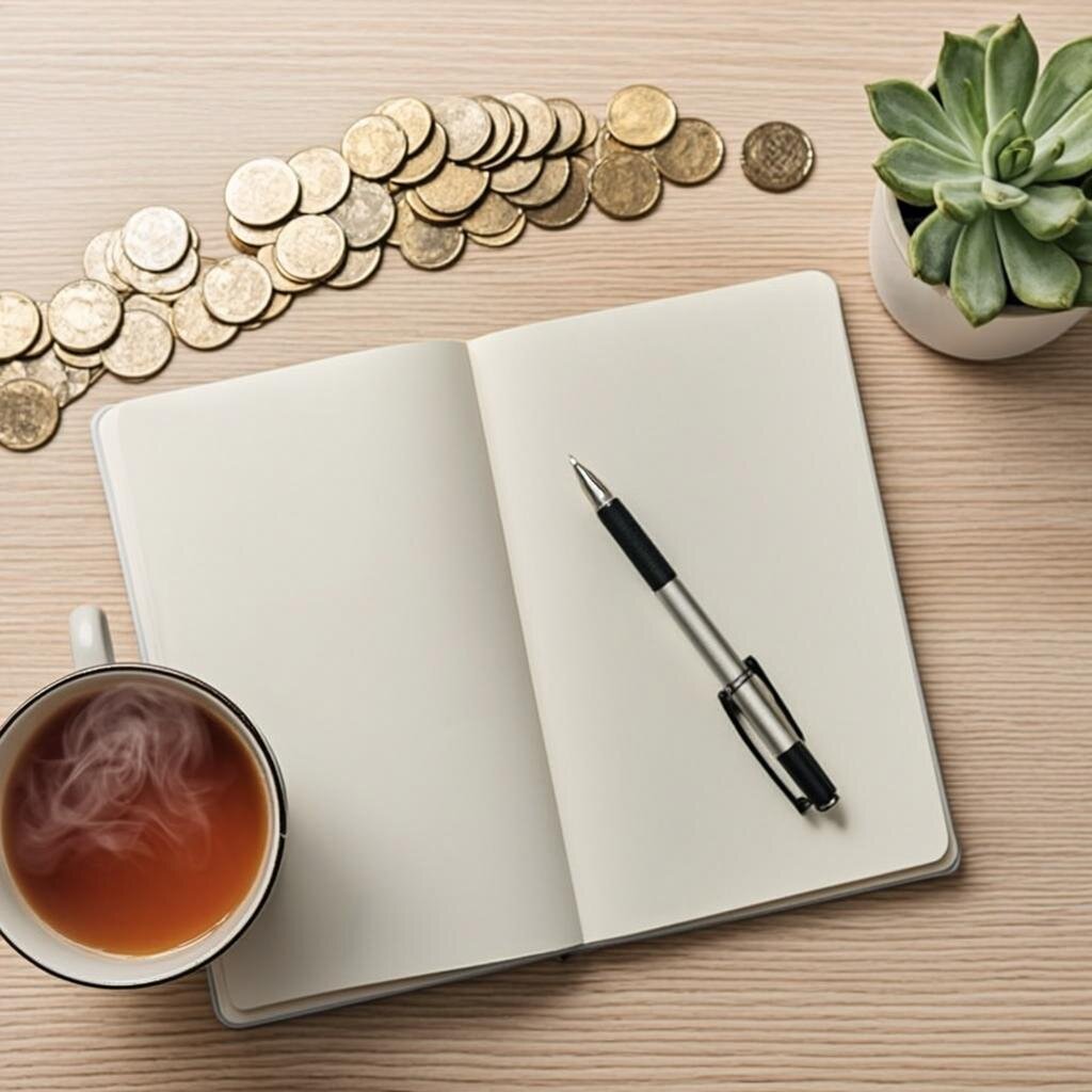 A clean, minimalist desk scene photographed from above in soft natural light. A fresh notebook lies open with a pen resting on it, alongside a small stack of gold and silver coins arranged in a subtle ascending pattern. A simple ceramic mug of tea sits in the corner, steam gently rising. A small potted succulent in the upper right symbolises growth and patience. The colour palette is warm and inviting—creams, soft greens, and muted golds—creating a sense of calm possibility rather than financial stress. The overall composition suggests a fresh start and intentional planning, perfect for someone beginning their savings journey.