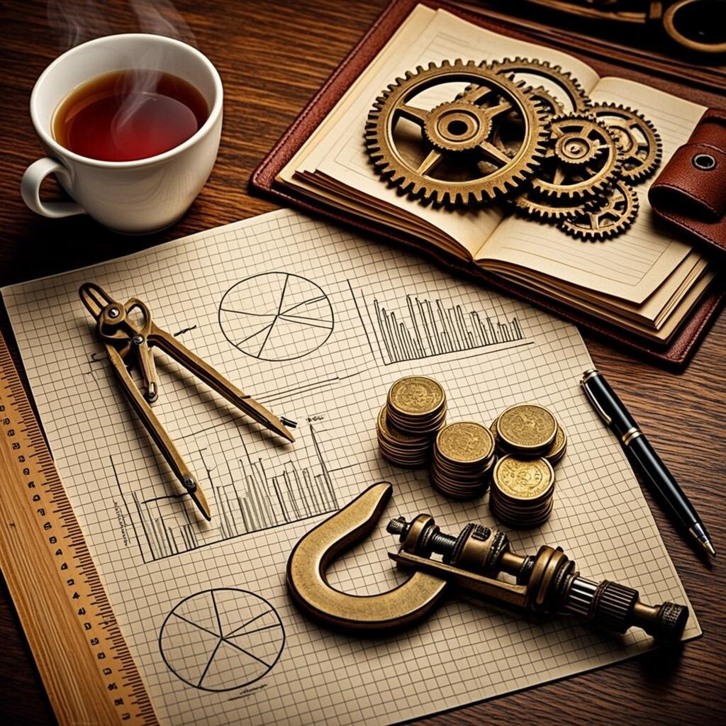 A meticulously organised engineer's workbench photographed from above, where financial tools replace mechanical ones. A drafting compass draws perfect circles on graph paper showing budget allocations, whilst a vintage micrometer measures a stack of gold coins. Brass gears interlock beside a leather-bound ledger opened to a page of neat columns. A cup of tea sits in the corner, steam rising, next to a slide rule and a fountain pen. The lighting is warm and directional, casting long shadows that emphasise the precision and craftsmanship of the scene. The overall aesthetic blends Victorian engineering workshop warmth with modern financial planning, rendered in rich amber and deep brown tones.