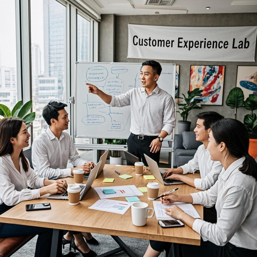 A modern, bright office space where a diverse group of professionals in smart-casual attire are gathered around a large wooden table, engaged in animated discussion. On the table are laptops, sticky notes with customer journey maps, and coffee cups. One person is gesturing enthusiastically whilst pointing at a whiteboard covered with diagrams showing customer feedback loops and side hustle project ideas. In the background, large windows reveal a cityscape, and a banner on the wall reads 'Customer Experience Lab'. The atmosphere conveys creative energy and entrepreneurial spirit within a corporate setting, with plants and contemporary artwork adding warmth to the space.
