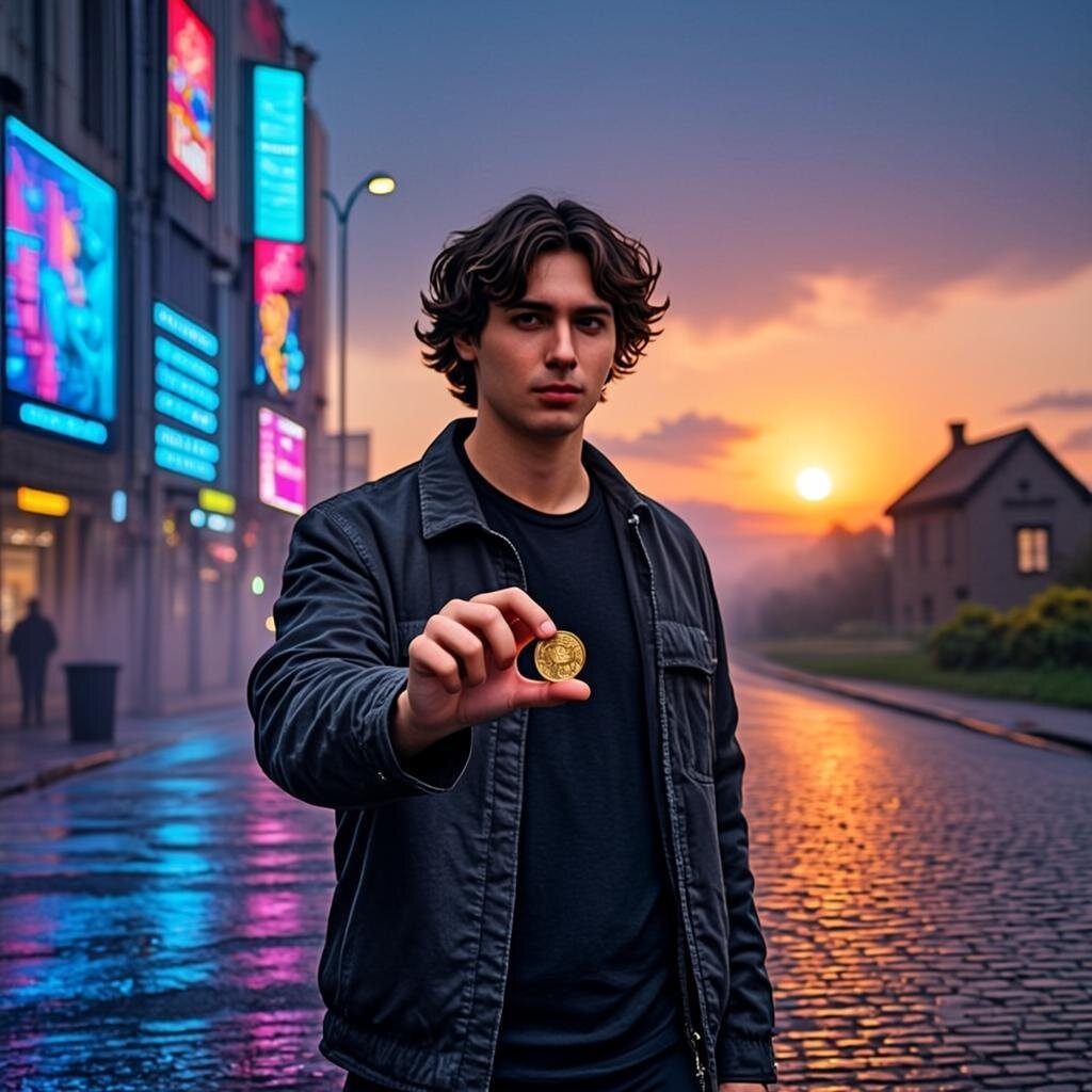 A solitary figure stands at a crossroads in a misty urban landscape at dawn, their silhouette framed against a sky transitioning from deep indigo to soft amber. To their left, a towering wall of neon advertisements and digital screens pulses with consumer messaging, casting harsh artificial light. To their right, a simpler path leads towards a horizon where a small but sturdy stone house sits atop a hill, its windows glowing warmly. The figure holds a single coin in their outstretched palm, catching the first rays of natural sunlight. The contrast between the chaotic, overwhelming commercial imagery on one side and the quiet, grounded solidity of the saved-for home on the other creates a powerful visual metaphor for the choice between consumption and financial autonomy. Rain-slicked cobblestones reflect both the neon glare and the golden sunrise, suggesting the duality of our modern economic existence.