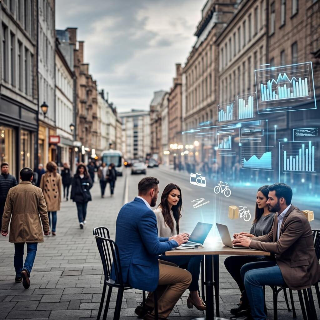 A split-screen visualisation showing a typical British high street on the left, with commuters walking past closed shop fronts, contrasted against a vibrant right side displaying floating holographic data visualisations—revenue charts, platform logos, and interconnected network lines glowing in blue and amber. In the centre, a diverse group of people in casual attire work on laptops at a café table, surrounded by subtle icons representing various side hustles: a camera, a delivery bike, a paintbrush, code brackets, and a small package. The lighting transitions from the muted grey of traditional commerce on the left to the warm, energetic glow of digital entrepreneurship on the right, capturing the economic transformation described in the article.