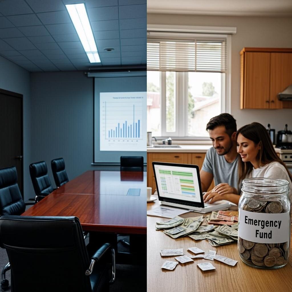 A split-screen conceptual image. On the left side, a traditional bank boardroom in muted greys, empty leather chairs around a long mahogany table, a projected chart showing declining fee revenue. On the right side, a warm, brightly lit kitchen where a diverse young couple sits at a wooden table with a laptop open to a budgeting spreadsheet, supermarket receipts fanned out beside them, a jar labelled 'Emergency Fund' with visible coins and notes, and a meal-planning whiteboard on the wall behind them. The contrast between institutional decline and empowered domestic financial management is stark and intentional. Natural light streams through the kitchen window whilst the boardroom is lit by cold fluorescent panels.