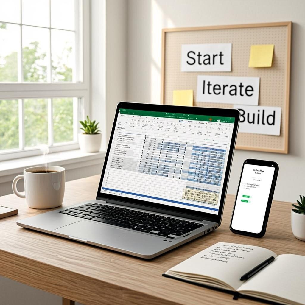 A bright, modern home office scene bathed in natural morning light from a nearby window. On a clean wooden desk sits an open laptop displaying a simple spreadsheet with growing income numbers, alongside a smartphone showing a notification of a first sale. A steaming cup of coffee rests next to a small notebook with handwritten goals and a pen. The wall behind features a subtle vision board with sticky notes showing motivational words like 'Start', 'Iterate', and 'Build'. The overall mood is one of calm optimism and productive possibility—capturing that quiet moment when a beginner takes their first concrete steps toward financial independence.