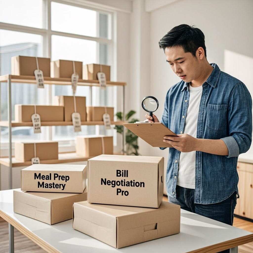 A modern, brightly lit consumer marketplace stall displays an array of glossy product boxes, each labelled with different money-saving strategy titles like 'Meal Prep Mastery' and 'Bill Negotiation Pro'. A discerning shopper in smart casual attire holds a clipboard and magnifying glass, examining the fine print on one box whilst other boxes sit arranged on shelves behind them with price tags showing time costs rather than monetary prices. The scene has a clean, almost clinical aesthetic with soft natural lighting streaming through large windows, suggesting a thoughtful, analytical approach to personal finance rather than impulse buying.