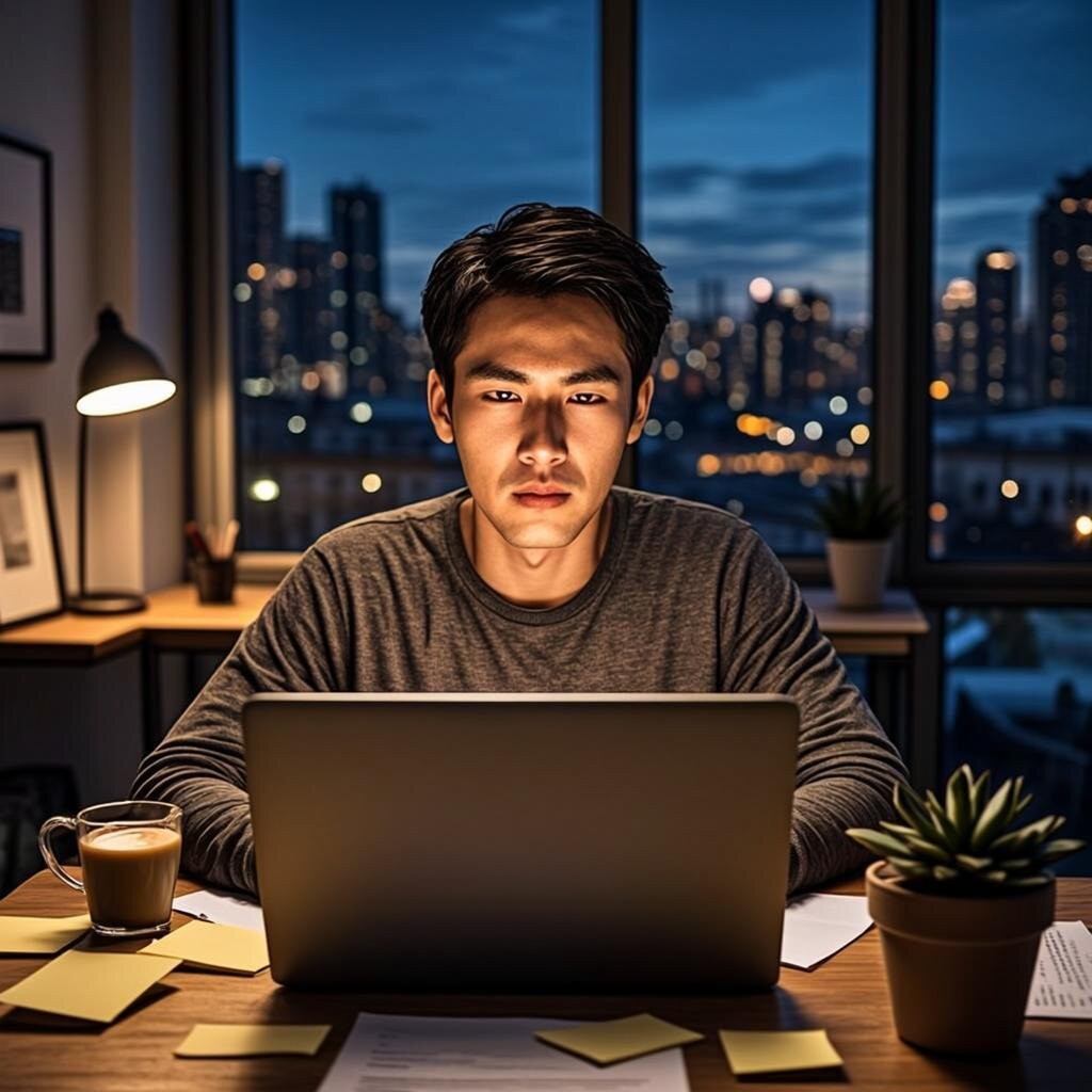 A dimly lit modern flat at dusk, where a person sits at a minimalist desk illuminated by the warm glow of a laptop screen. On the desk, a half-finished mug of coffee, scattered sticky notes with ambitious scribbles, and a small succulent. Through the window behind them, a city skyline blurs into twilight — symbolising the boundary between the day job they've left behind and the identity they're building after hours. The scene captures quiet determination mixed with subtle isolation.