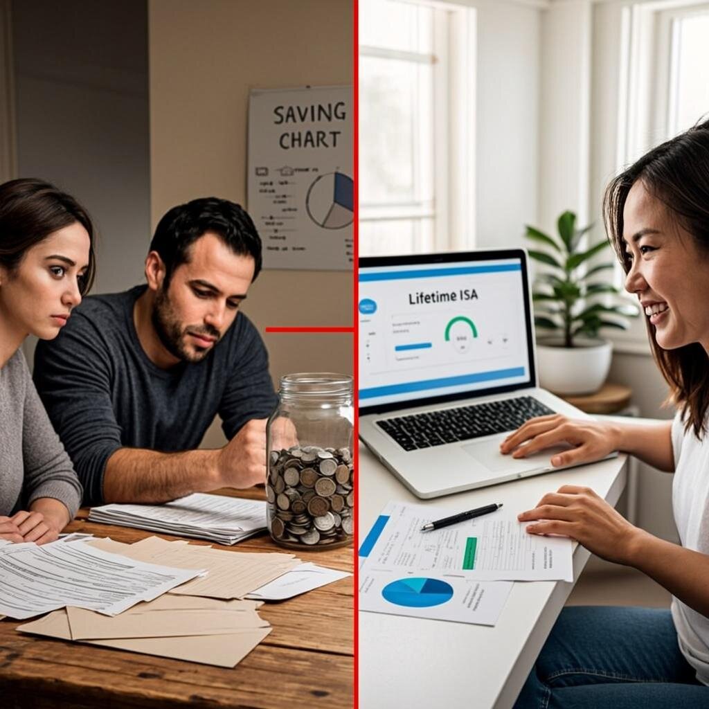 A split-screen visual showing two contrasting scenes. On the left, a young couple sits at a kitchen table covered in cash budgeting envelopes, a jar of coins, and a handwritten savings chart pinned to the wall behind them—representing traditional but mortgage-problematic saving methods. On the right, the same couple sits at a modern desk with a laptop displaying a clean bank statement interface, a Lifetime ISA dashboard showing steady monthly deposits, and a printed credit report with a healthy score. Between the two images, a subtle red line runs horizontally, suggesting a dividing line between approaches. The lighting is warm and realistic, with the left side slightly dimmer to suggest the older, less effective approach. The overall tone is aspirational but grounded, conveying the seriousness of mortgage preparation without being gloomy.