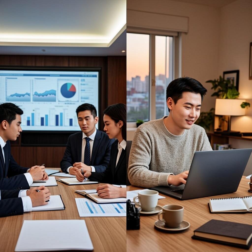 A split-screen photograph showing a corporate boardroom on the left side with executives in smart business attire examining charts on a large screen, and on the right side, a cosy home workspace at dusk where a professional in a casual jumper works on a laptop surrounded by product prototypes, 3D-printed objects, and notebooks. A subtle connecting line of golden light runs between the two scenes, suggesting the flow of ideas and resources. The overall tone is warm and aspirational, with soft natural lighting and a shallow depth of field that keeps focus on the human elements rather than the technology.