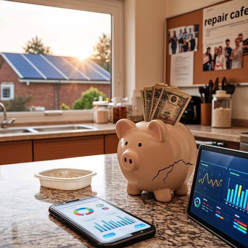 A modern British kitchen scene at golden hour, with a smartphone displaying an AI financial dashboard resting on a marble countertop alongside a small stack of physical £20 notes in an old ceramic piggy bank that's been cracked open. In the background, through a window, solar panels gleam on a neighbouring roof whilst a community noticeboard advertises a local repair café. The composition contrasts old and new money-saving methods—a half-eaten meal prep container sits next to a smart home hub showing energy usage graphs. Warm, natural lighting creates an aspirational yet achievable atmosphere, with subtle visual metaphors of sustainability and technology working together.