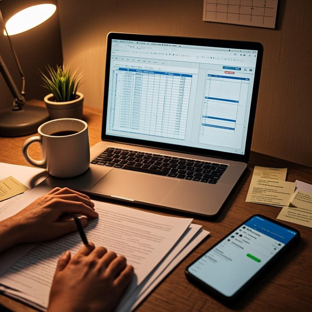 A dimly lit home office scene at dusk, featuring a laptop displaying multiple browser tabs and spreadsheets, surrounded by coffee cups and sticky notes with financial calculations. In the foreground, a person's hands rest on the keyboard, slightly blurred to suggest exhaustion, whilst a smartphone shows notifications from various side hustle apps. The warm orange light from a desk lamp contrasts with the cool blue glow of the screen, creating an atmosphere that balances ambition with the quiet reality of after-hours work. A small plant in the corner and a wall calendar marked with deadlines complete the authentic workspace tableau.
