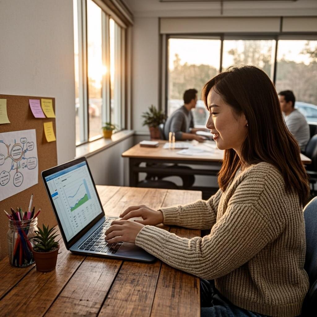 A warmly lit modern co-working space at golden hour, where a focused female entrepreneur in her early thirties sits at a minimalist wooden desk. Before her, a laptop displays a clean financial dashboard with ascending green graphs. Around her desk, subtle signs of resourcefulness are visible: a handwritten budget mind-map pinned to a corkboard, a reused mason jar holding pens, and a small potted succulent. Through the window behind her, other small business owners collaborate at a shared table. The overall atmosphere conveys quiet determination and intelligent frugality rather than deprivation, with warm amber tones contrasting against cool blue screen light.