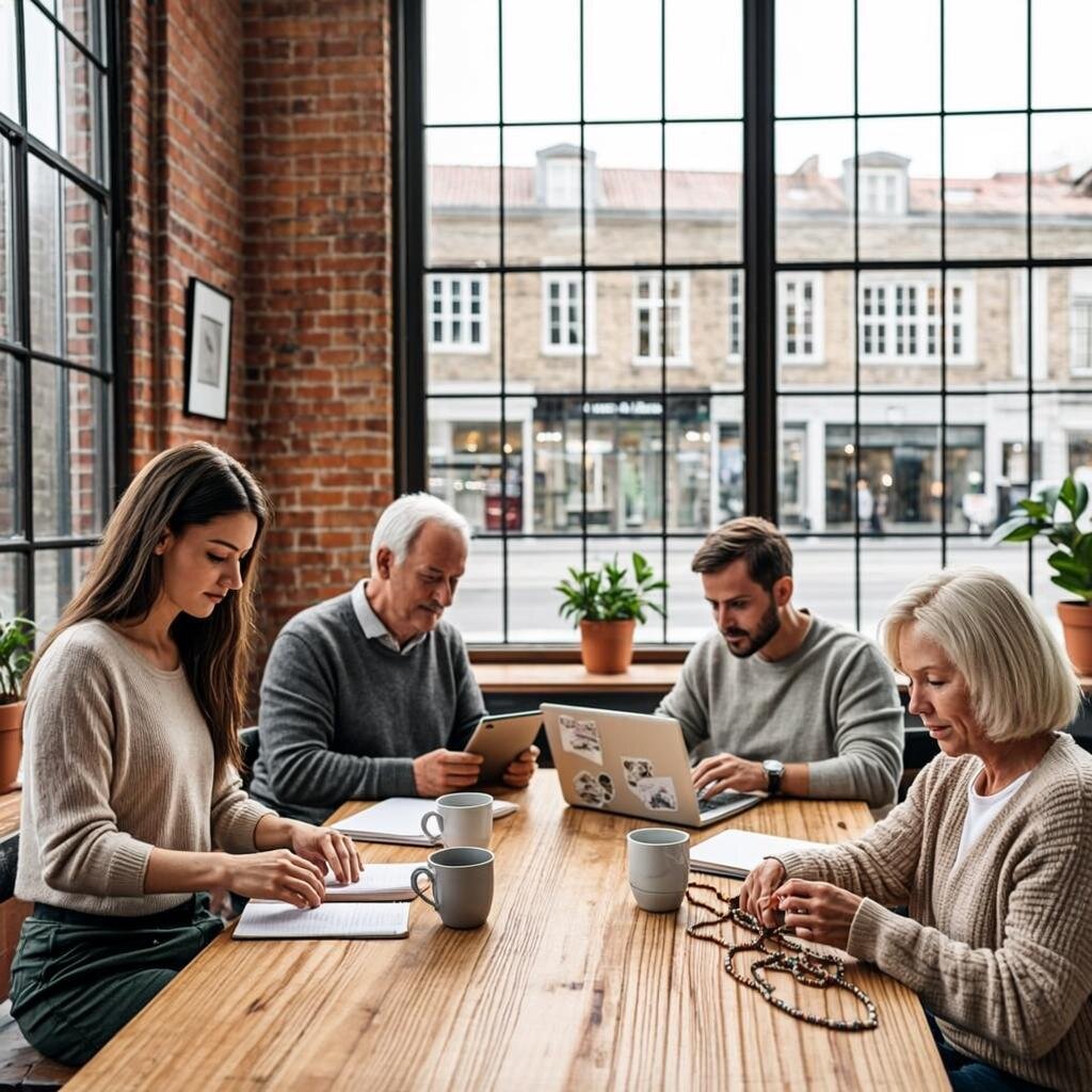 A sunlit co-working space in a converted British warehouse, exposed brick walls with large industrial windows. Around a communal table, four people of different ages work on diverse projects: a woman in her twenties arranges handmade ceramics for a photograph, a silver-haired man sketches technical diagrams on a tablet, a thirtysomething edits a podcast on a laptop adorned with stickers, and a middle-aged woman threads beads into jewellery. Coffee cups and notebooks scatter the table. Through the window, a high street with independent shopfronts is visible. The atmosphere conveys focused creativity and intergenerational collaboration—warm, authentic, and distinctly contemporary British.