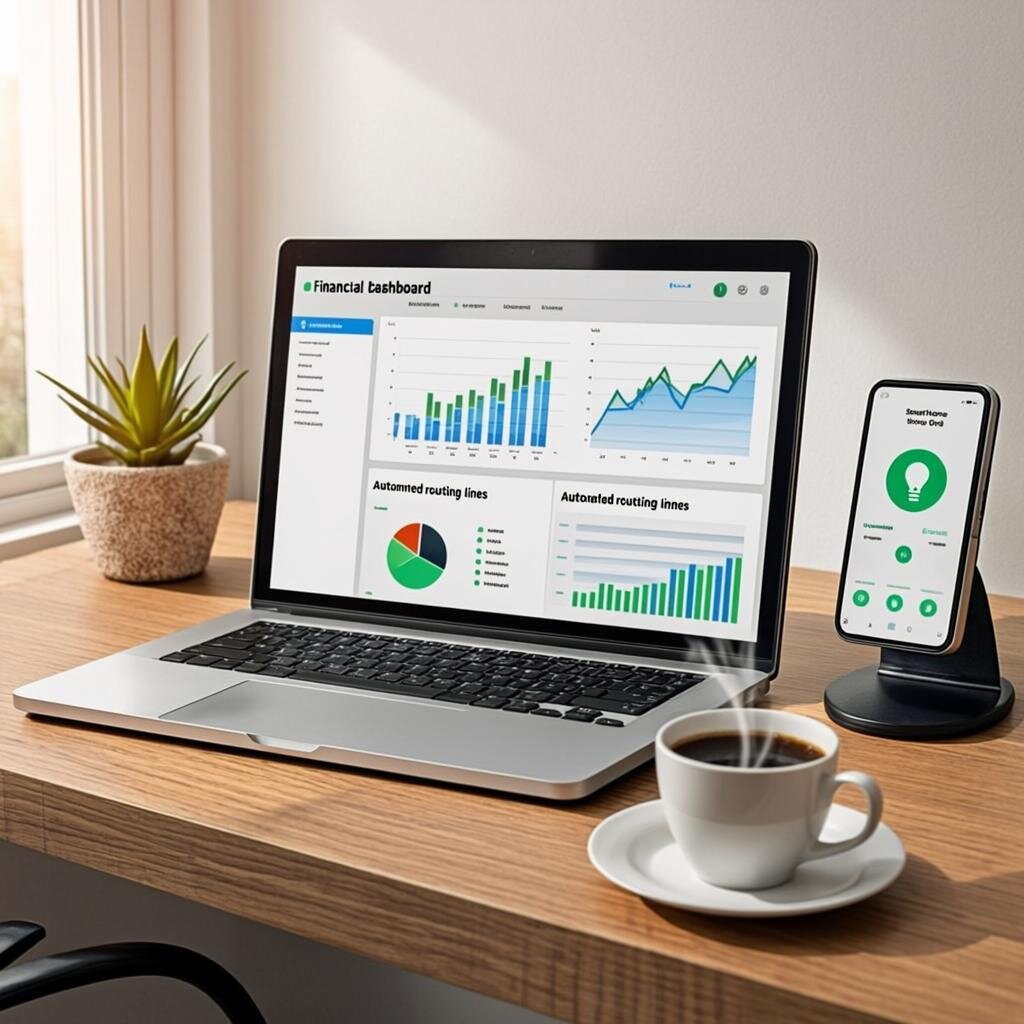 A sleek, modern home office bathed in morning sunlight. On a minimalist wooden desk sits an open laptop displaying a clean, intuitive financial dashboard with colourful graphs and automated routing lines. A smartphone rests on a wireless charger beside a cup of black coffee, its screen showing a smart home energy grid interface. The environment is uncluttered, featuring a small potted succulent and a smart speaker, conveying a sense of calm, high-tech efficiency and deliberate, frictionless living.