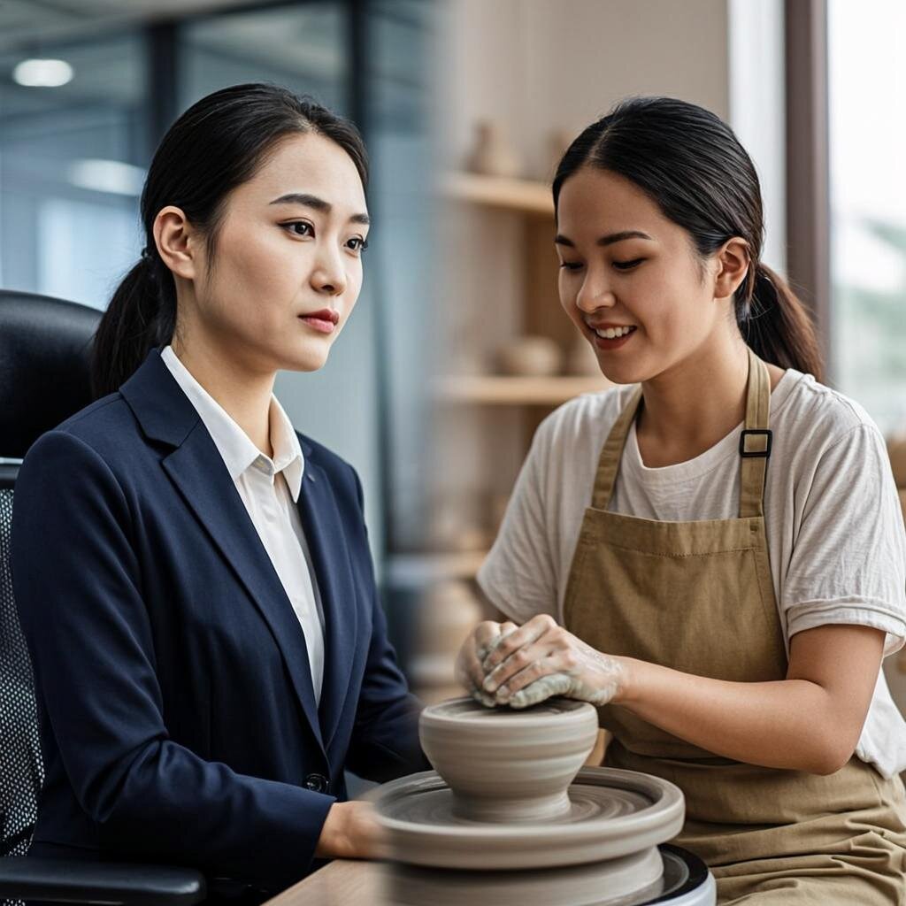 A split-screen composition showing the same person in two contrasting environments. On the left, a professional in business attire sits in a modern office, looking thoughtfully at a laptop. On the right, the same person stands at a crafts table in a warm, naturally-lit home studio, hands covered in clay as they shape a ceramic bowl. Between the two images, subtle connecting lines suggest the cross-pollination of skills and energy. The overall tone is warm and contemplative, with soft afternoon light suggesting the transition between day job and side pursuit.