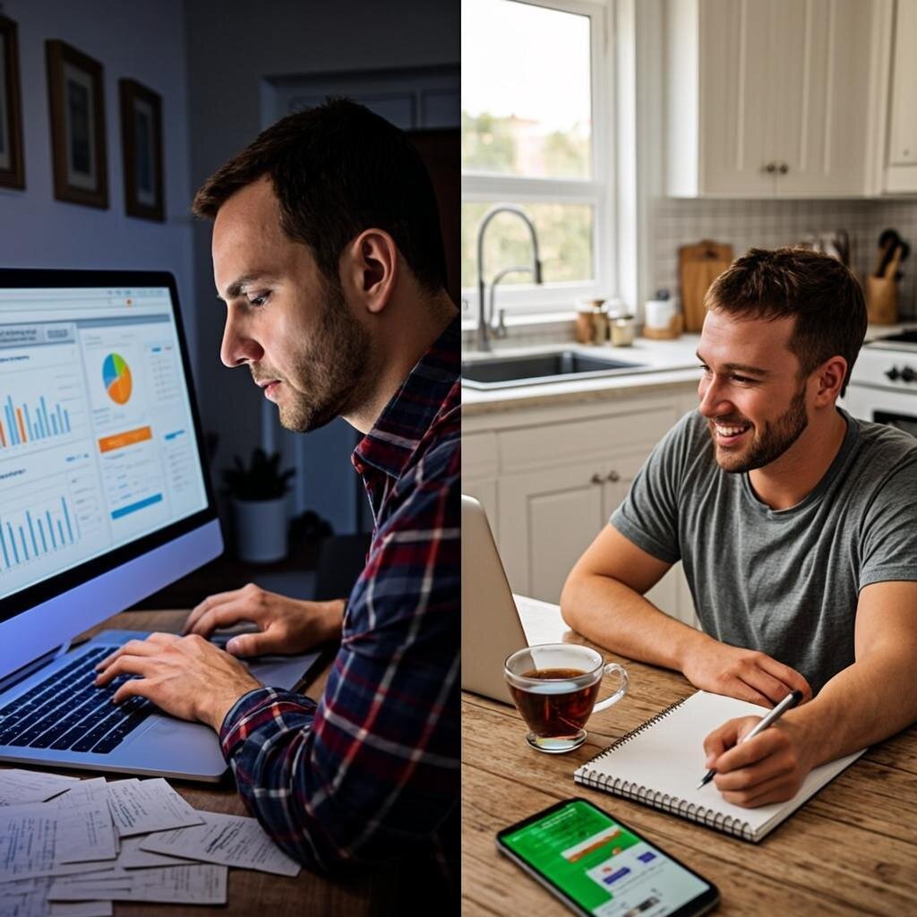 A split-screen visual showing contrast: on the left side, a person hunched over a laptop late at night, surrounded by multiple open tabs, budgeting apps, and cashback sites, looking exhausted and stressed with receipts scattered around. On the right side, the same person sitting calmly in a sunlit kitchen with a simple cup of tea, a single notepad with three written goals, and a phone showing a bank notification of an automatic transfer. The image captures the journey from overcomplicated savings strategies to simple, effective financial habits. Warm, natural lighting on the right contrasts with the harsh blue screen glow on the left.