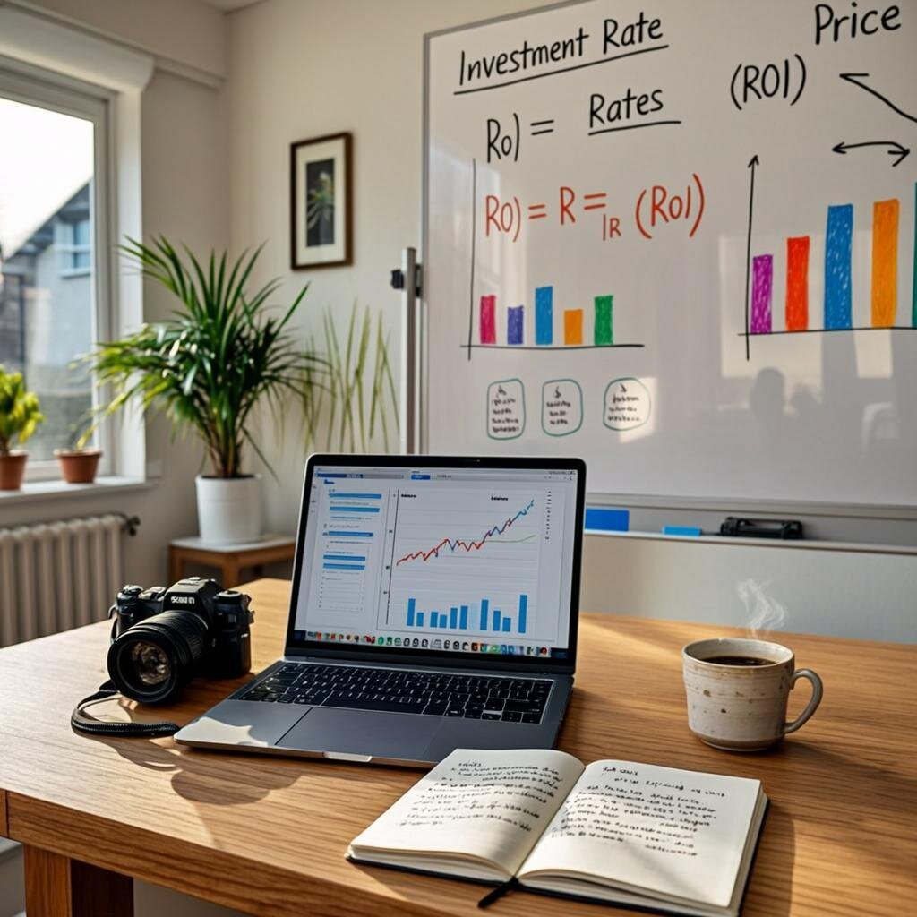 A modern, bright home office setup photographed in natural daylight, featuring a sleek wooden desk with a laptop displaying financial spreadsheets and charts showing upward growth curves. On the desk, there's a professional camera, a notepad with handwritten business planning notes, and a steaming cup of coffee. The background shows a whiteboard with ROI calculations and break-even analysis drawn in colourful markers. Soft natural light streams through a window, creating warm shadows. The overall aesthetic conveys productivity, financial growth, and the intersection of creativity and commerce in a contemporary British home.